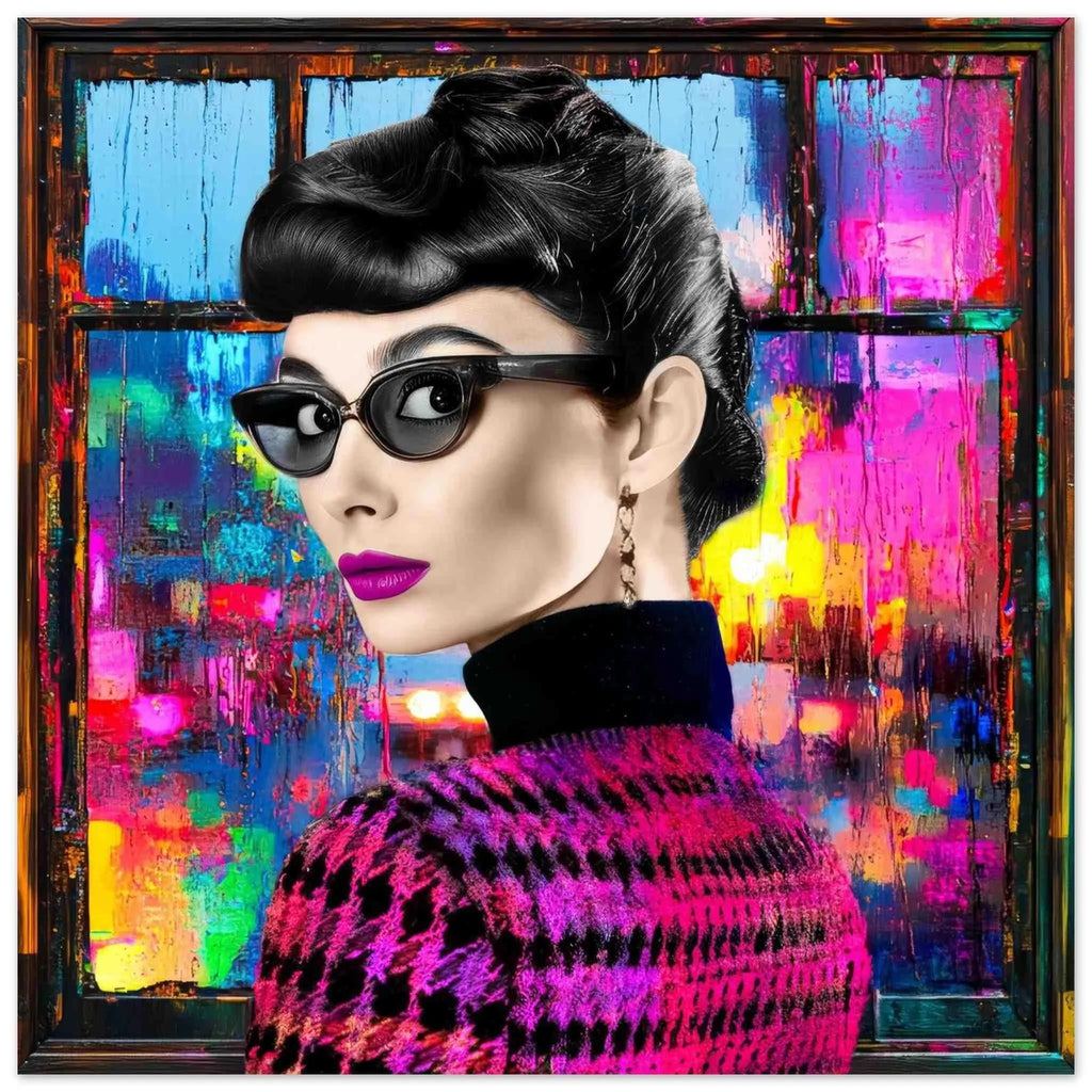 Audrey Hepburn wearing sunglasses and a houndstooth sweater against a window with psychedelic abstract reflections and bold colors, aluminum print. Audrey's Cyber Reflections-Graphique Addictions.