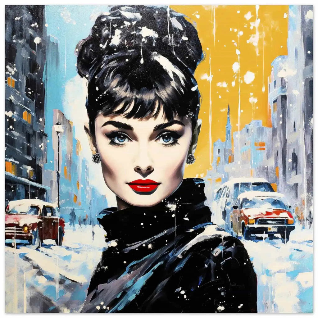 Frosty Elegance: Portrait of Audrey Hepburn standing on a snowy city street with vintage cars aluminum print-Graphique Addictions.