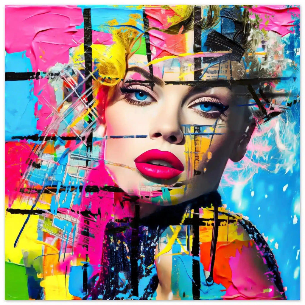 Chroma Blended Fusion: Abstract portrait of a woman surrounded by neon geometric shapes and glitch effects, aluminum print-Graphique Addictions.