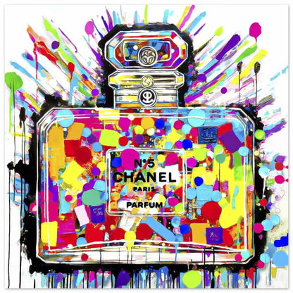 Chroma Scent Splatter: Aluminum print of Chanel No. 5 perfume, vibrant polka dots inside and paint splatters-Graphique Addictions.
