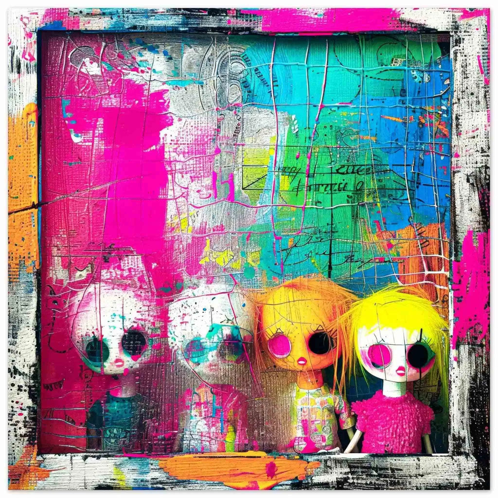Aluminum art print featuring kawaii dolls in a window with neon colors and paint splashes titled Dollhouse Surrealism-Graphique Addictions.
