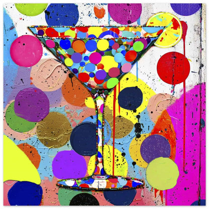 Aluminum art print of a multi-colored polka-dotted martini glass and colorful dots in the background. Titled: Dotted Martini Delight-Graphique Addictions.