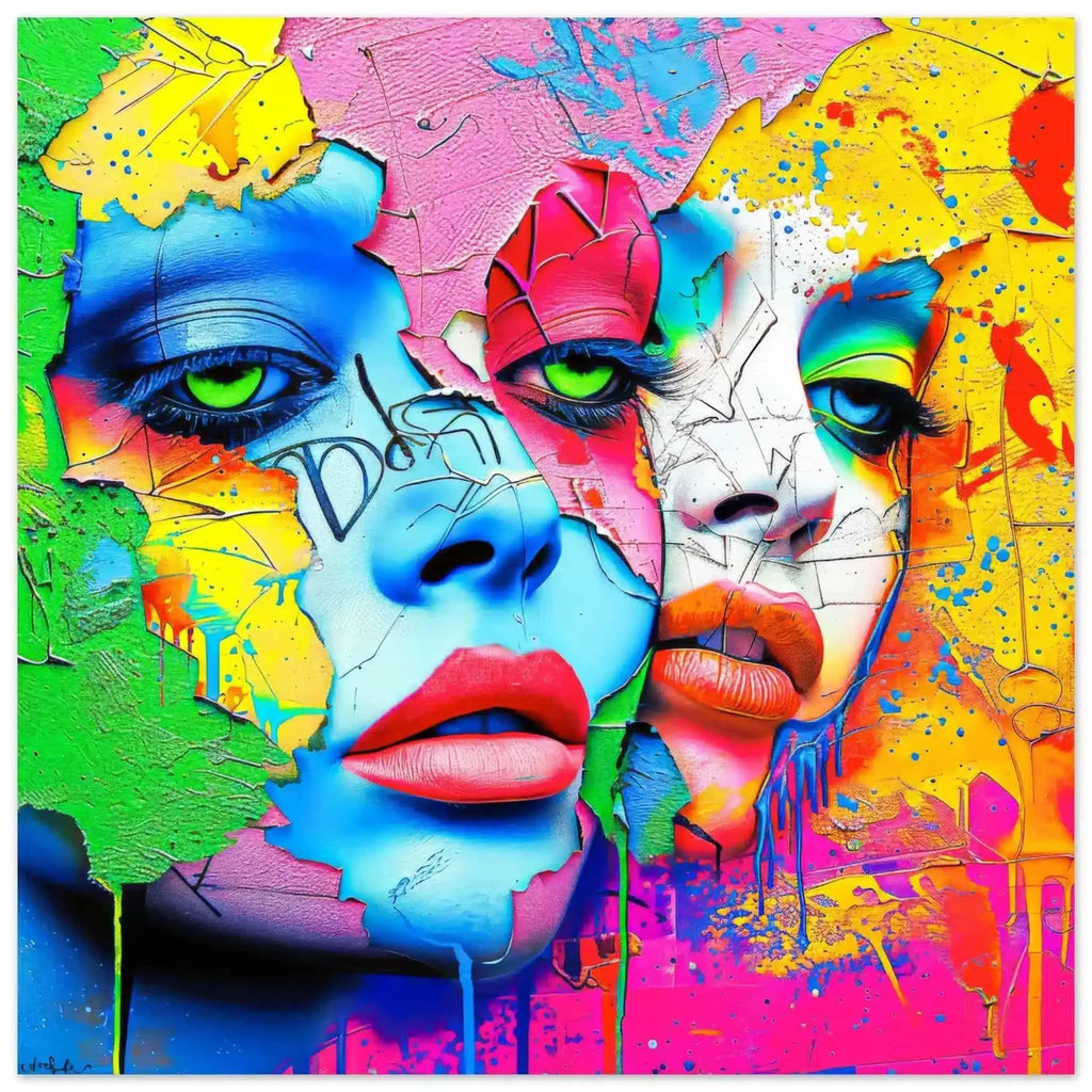 Aluminum art print of 2 women's multi-colored porcelain faces that blend into a colorful painted background. Titled: Dual Pop Persona-Graphique Addictions. 