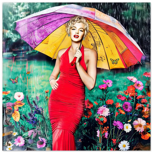 Marilyn Monroe in a red dress holding an umbrella in a colorful, rain-soaked garden with bright wildflowers-24x24-inches-aluminum-print-elegance-in-the-storm, Graphique Addictions