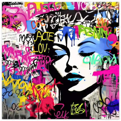aluminum graffiti art print close-up of a woman’s face with her eyes closed wearing blue lipstick and eyeshadow surrounded by colorful graffiti text. 