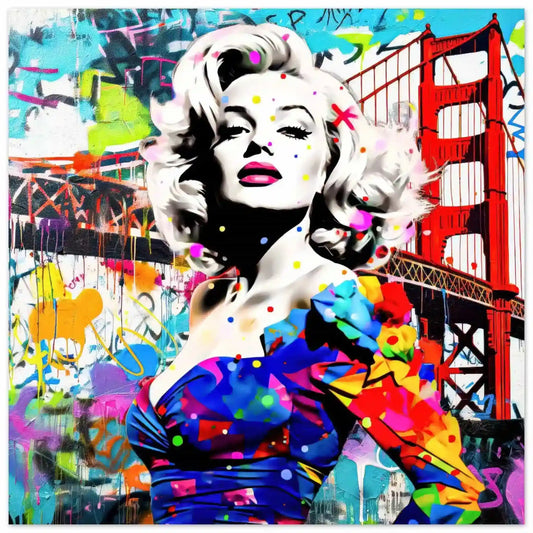 Aluminum art print featuring Marilyn Monroe in a colorful blue dress, standing in front of the Golden Gate Bridge, made of colorful graffiti and paint splashes.Titled: Golden Gate Graffiti-Graphique Addictions.