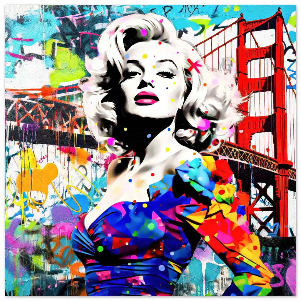 Aluminum art print featuring Marilyn Monroe in a colorful blue dress, standing in front of the Golden Gate Bridge, made of colorful graffiti and paint splashes.Titled: Golden Gate Graffiti-Graphique Addictions.