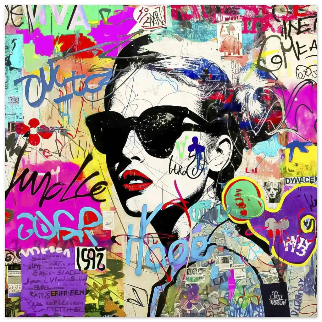 Aluminum print of a woman wearing sunglasses with tattoos on her body and face. Surrounded by street-style stickers, labels, numbers, letters, and symbols in vibrant colors. Titled: Graffiti Chic Chronicles-Graphique Addictions.