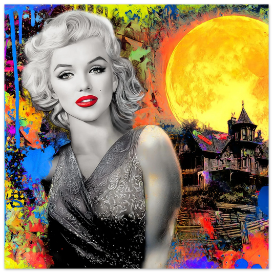 colorful aluminum print of marilyn monroe with paint splashes and a moon and haunted house behind her. Haunted Moonlight Vixen-Graphique Addictions.