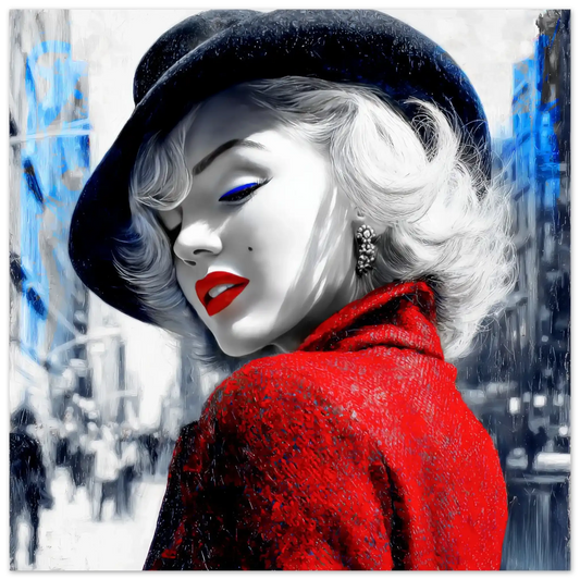 Aluminum print of Marilyn Monroe in a red coat and black hat, with red lipstick and blue eyeliner, set against a grayscale New York City street. Marilyn on Fifth Ave, Graphique Addictions.