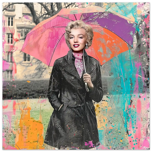 Aluminum Colorful mixed media portrait of Marilyn Monroe holding an umbrella on a rainy city street, with graffiti splashes and pastel tones in a pop art style. Graphique Addictions-Marilyn's Retro Rain.