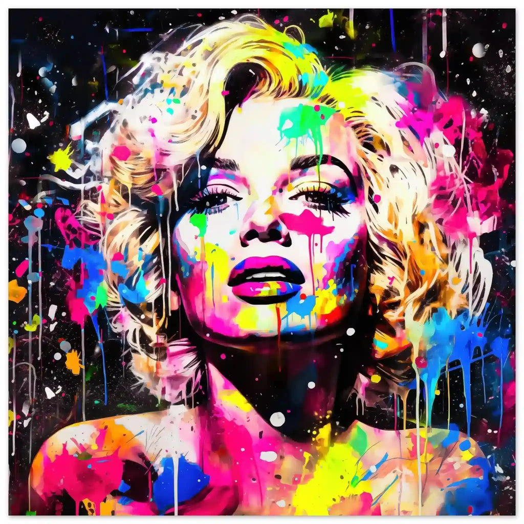 Aluminum print of Marilyn Monroe's face splattered with colorful paint. Marilyn's Splatter-Sensation-Graphique Addictions.