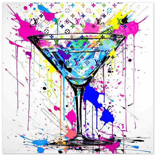 Martini glass with colorful Louis Vuitton-inspired patterns, graffiti and paint drips, aluminum print. Monogrammed Martini-Graphique Addictions.