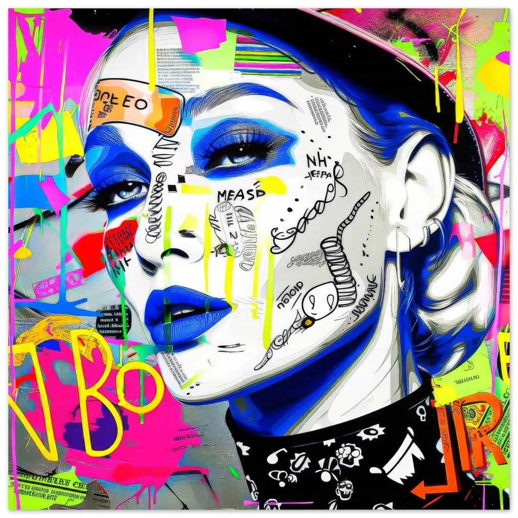 Aluminum print of a close-up of a woman's face covered in vibrant stickers and graffiti, wearing blue lipstick. Neon Noir Vixen-Graphique Addictions.