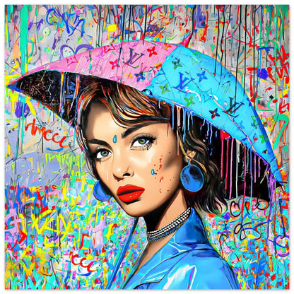 Aluminum print of Audrey Hepburn holding an umbrella decorated with graffiti and Louis Vuitton-inspired monogram and a backdrop with patterns of graffiti and dripping paint. Painted Rainfall-Graphique Addictions.