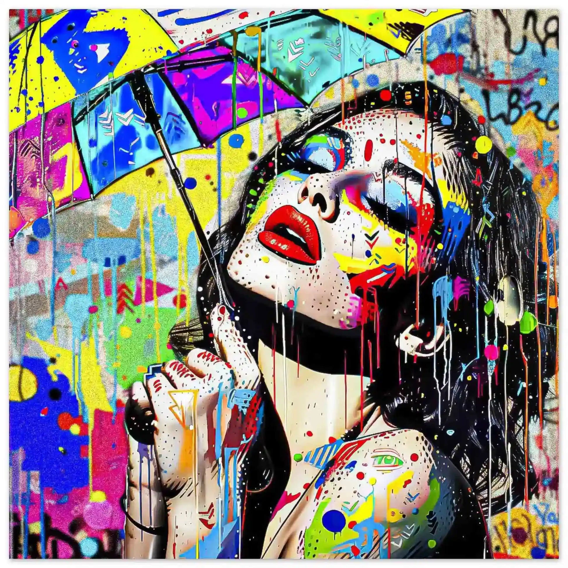beautiful woman holding an umbrella against a vibrant storm of colorful paint splashes. Aluminum Print-8x8 inches-Painted Rainstorm Glam-Graphique Addictions