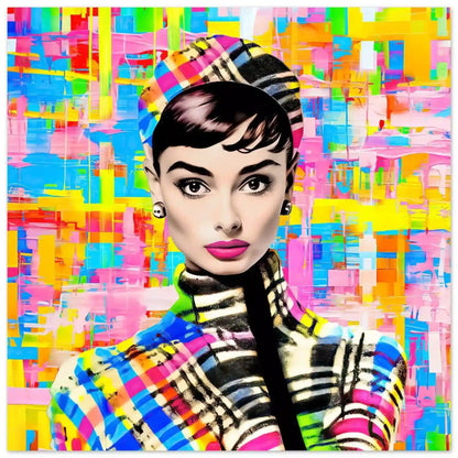 Aluminum Print of Audrey Hepburn against a multicolored plaid backdrop, wearing a plaid hat and outfit.