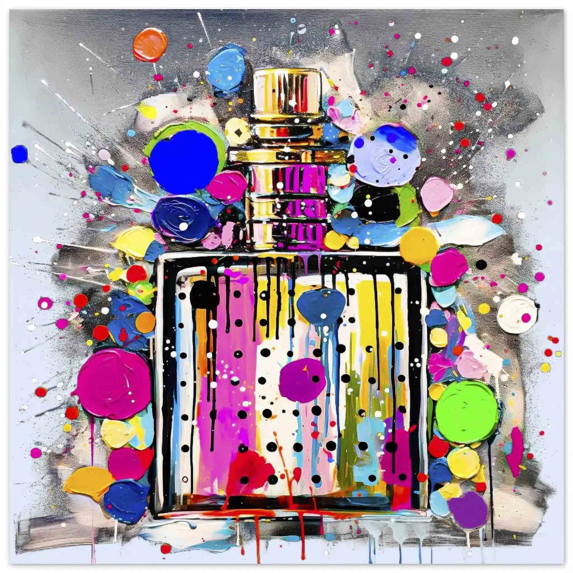 Aluminum print of perfume Bottle Paint Splash Pop Art - Polka Pop Aroma Canvas Print-Polka Pop Aroma-Graphique Addictions