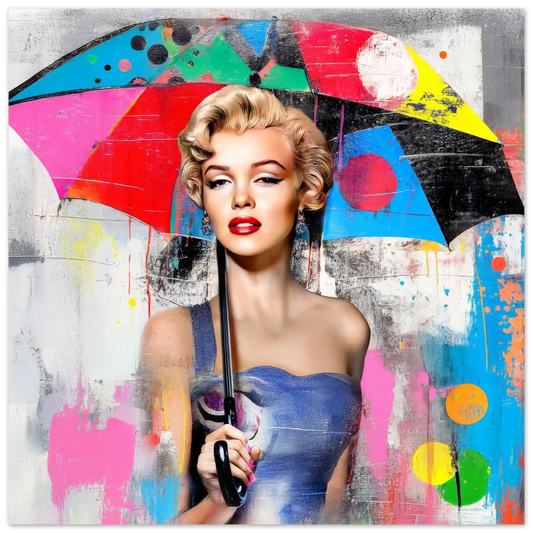 Marilyn Monroe holding an umbrella in a teal graffiti collage against a dark urban wall with vivid paint splashes and textures-24x24-inches-aluminum-print-pop-rain, Graphique Addictions