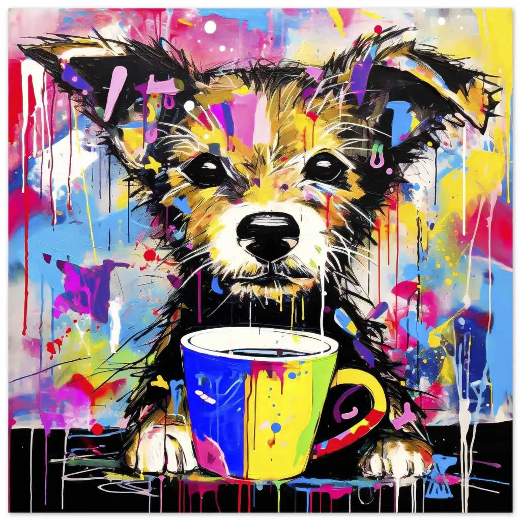 Aluminum print of a puppy holding a cup of coffee with colorful paint splatters. Puppuccino Picasso-Graphique Addictions.