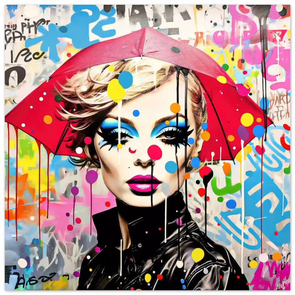 Portrait of a model with bold makeup and polka dots, holding an oversized umbrella, set against colorful street graffiti with lines and paint-drip effects. Rain Radiance - Aluminum Print-Graphique Addictions