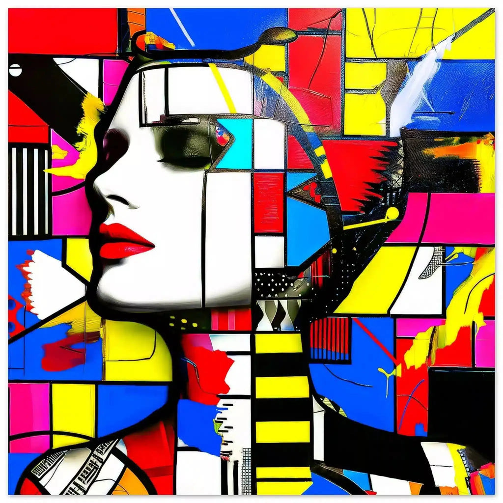 Face with bold geometric patterns in red, blue, yellow, and pink, evoking futuristic charm. Technicolor Temptress - Aluminum Print-Graphique Addictions
