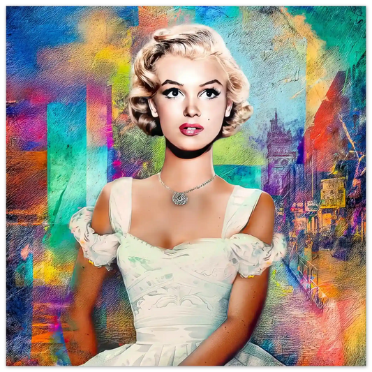 Aluminum print of young Marilyn Monroe in a white dress, posing gracefully against a vibrant, blurred cityscape of skyscrapers and colorful urban lights. Timeless in the City-Graphique Addictions.