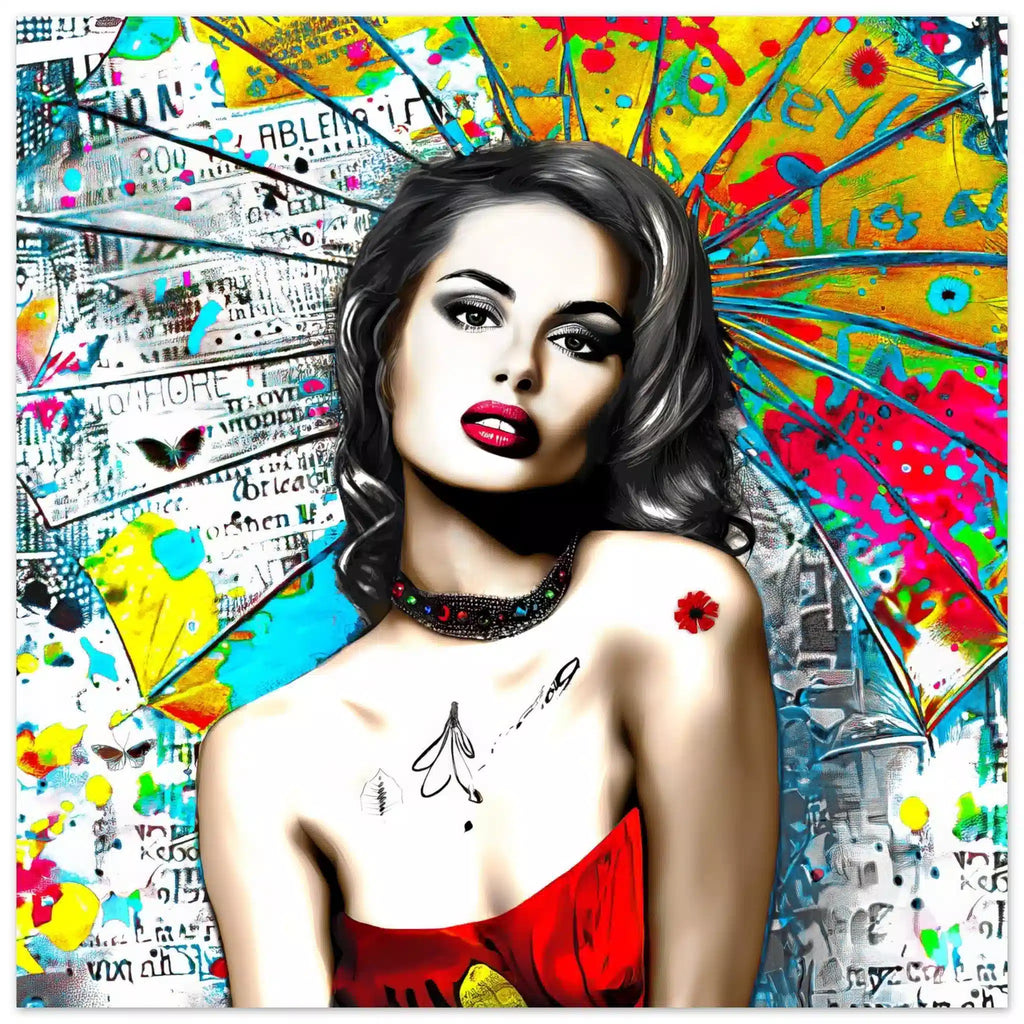 Aluminum print of woman against vibrant graffiti ink and vibrant colors. Umbrella Ink Pop-Graphique Addictions.