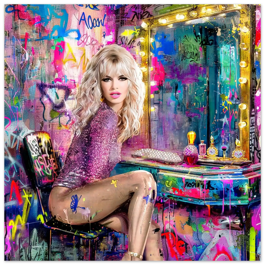 Brigitte Bardot wearing a pink bodysuit, sitting at a vanity table with perfume bottles and makeup, in front of a graffiti-covered wall and mirror-24x24-inches-aluminum-print-vanity-vandalism, Graphique Addictions