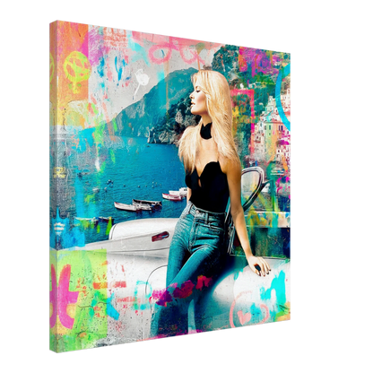 canvas print of a collage art painting of brigitte bardot in italy at the coast of amalfi leaning against a white corvette-amalfi-coast-pop-framed-print, Graphique Addictions