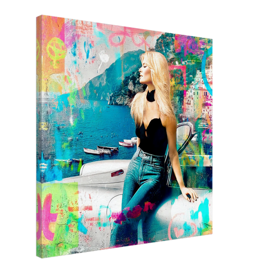canvas print of a collage art painting of brigitte bardot in italy at the coast of amalfi leaning against a white corvette-amalfi-coast-pop-framed-print, Graphique Addictions