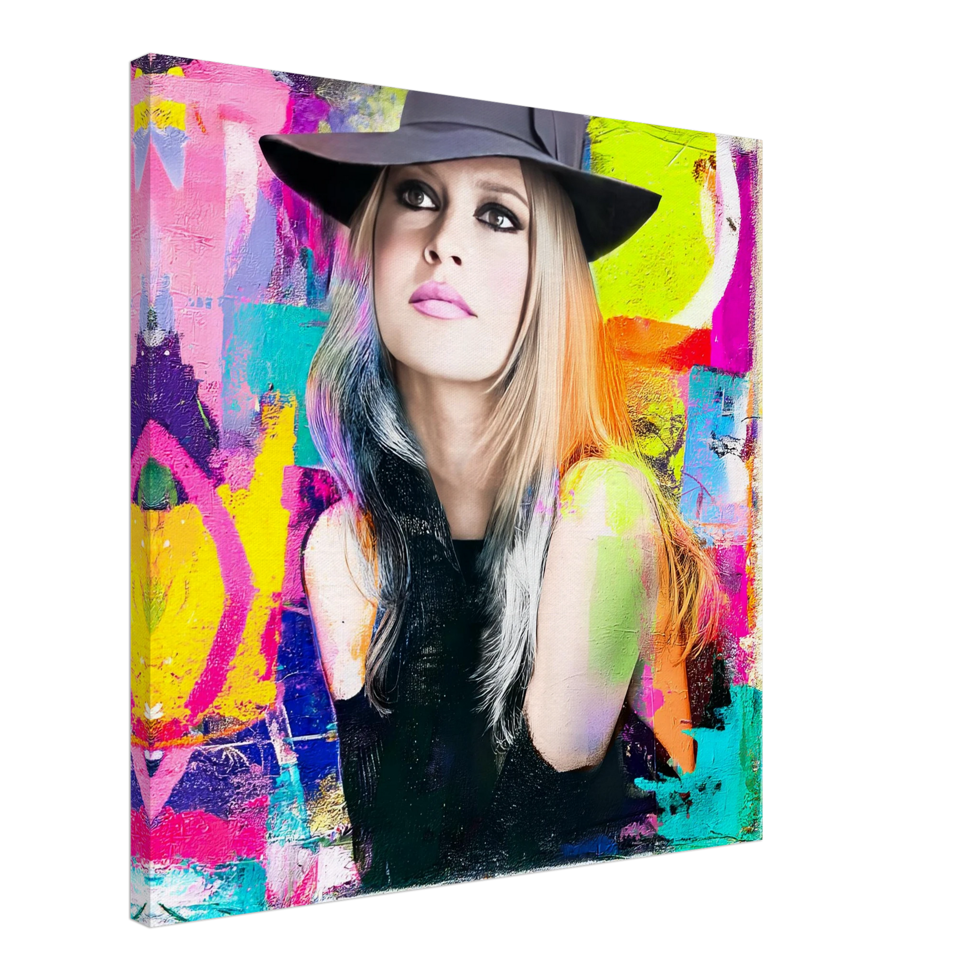 canvas print of Brigitte Bardot wearing a black hat and black top with a background of vibrant colors, mixed media, with paint splashes. Brigitte in Color-Graphique Addictions.