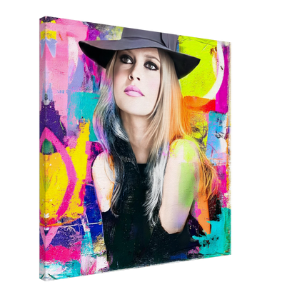 canvas print of Brigitte Bardot wearing a black hat and black top with a background of vibrant colors, mixed media, with paint splashes. Brigitte in Color-Graphique Addictions.