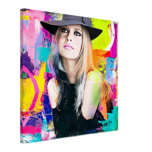 canvas print of Brigitte Bardot wearing a black hat and black top with a background of vibrant colors, mixed media, with paint splashes. Brigitte in Color-Graphique Addictions.