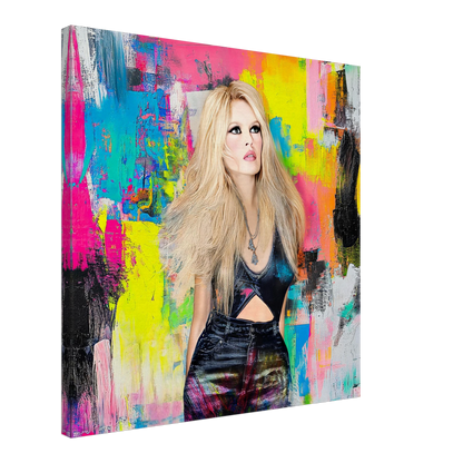 canvas print of brigitte bardot wearing black jeans and top against a vibrant abstract painting of colorful brushsrokes-graphique addictions