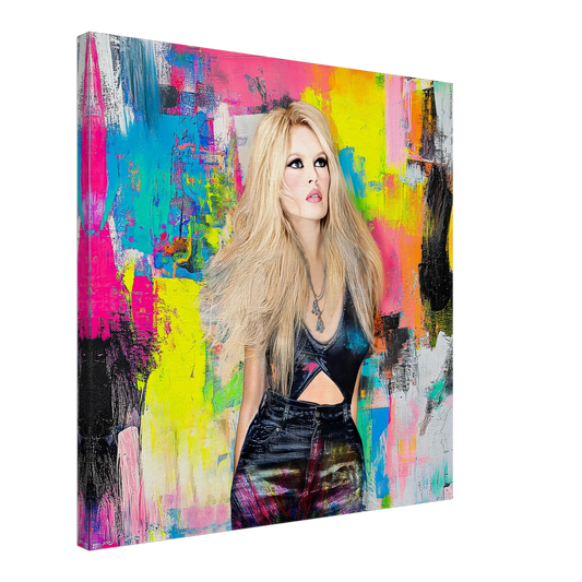 canvas print of brigitte bardot wearing black jeans and top against a vibrant abstract painting of colorful brushsrokes-graphique addictions
