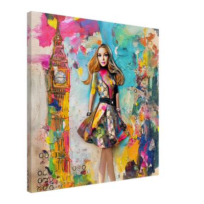 mixed media art collage of a full-body portrait of Barbie dressed in a Gucci-inspired ensemble, standing confidently before Big Ben and the London skyline-Slim-24x24-inches-canvas-print-london-luxe-doll, Graphique Addictions