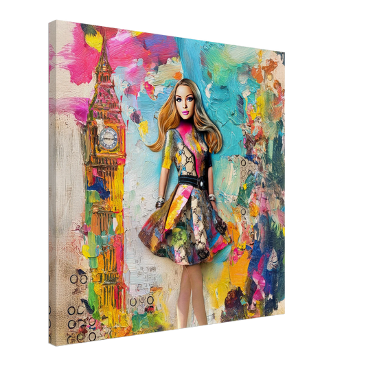 mixed media art collage of a full-body portrait of Barbie dressed in a Gucci-inspired ensemble, standing confidently before Big Ben and the London skyline-Slim-24x24-inches-canvas-print-london-luxe-doll, Graphique Addictions