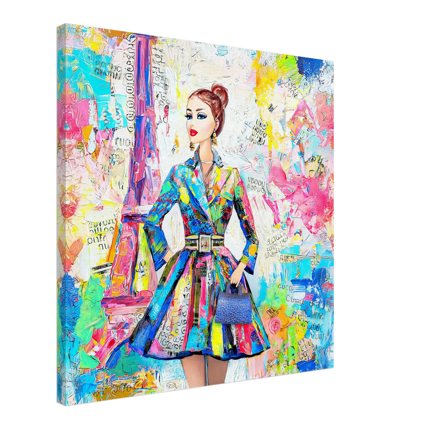 colorful art of a doll figure wearing a trench coat against a Parisian backdrop carrying a blue handbag-24x24-inches-canvas-print-monet-paris-dior, Graphique Addictions