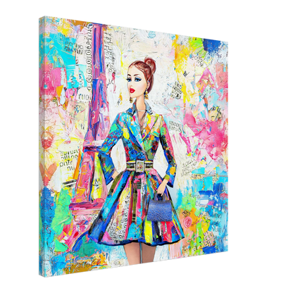 colorful art of a doll figure wearing a trench coat against a Parisian backdrop carrying a blue handbag-24x24-inches-canvas-print-monet-paris-dior, Graphique Addictions