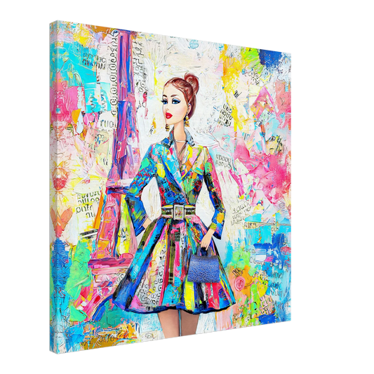 colorful art of a doll figure wearing a trench coat against a Parisian backdrop carrying a blue handbag-24x24-inches-canvas-print-monet-paris-dior, Graphique Addictions