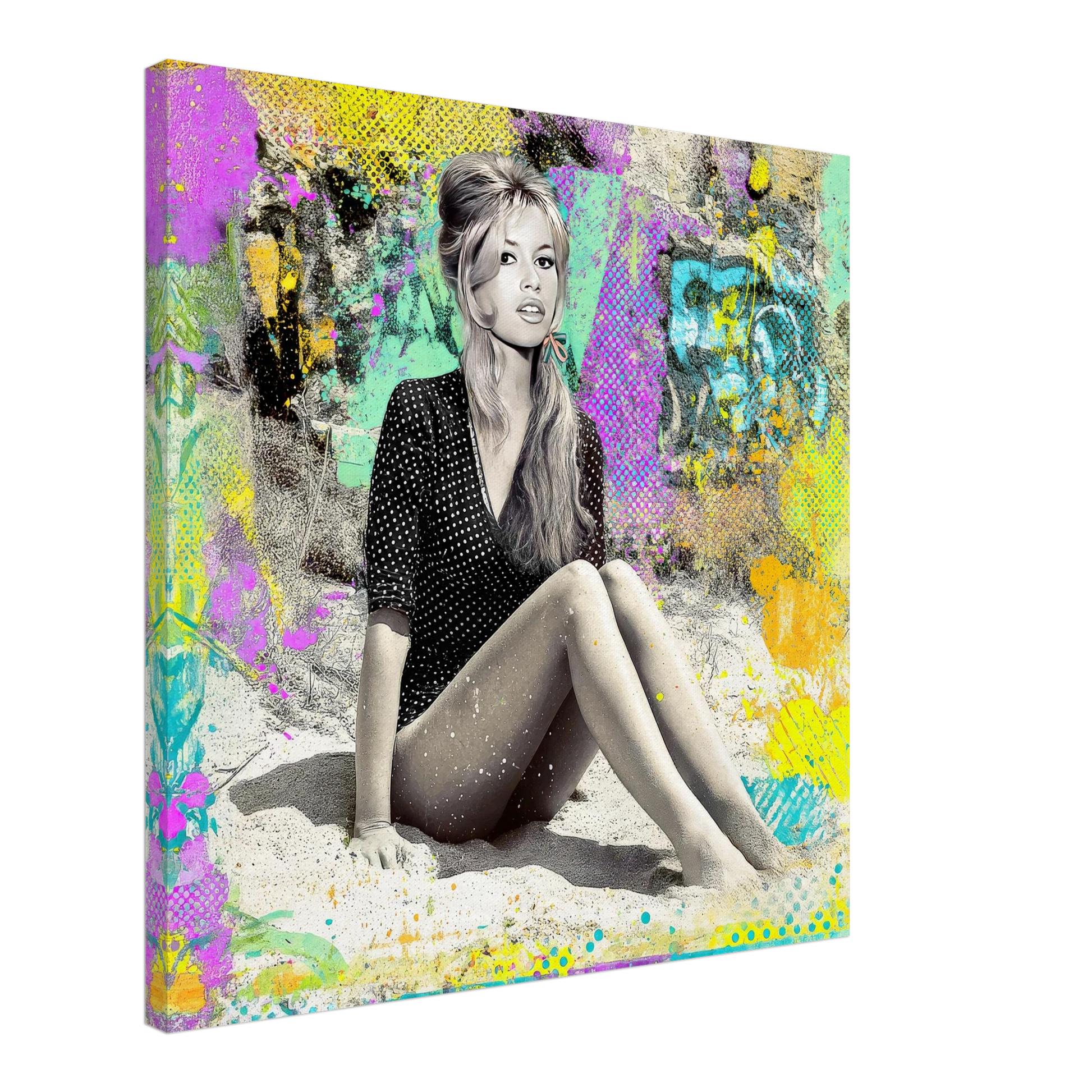 mixed media art painting of Brigitte Bardot sitting on the sand in a polka dot beach cover-up with graffiti splashes, vibrant brush strokes, and nostalgic comic book textures-canvas-print-retro-beach-vibes, Graphique Addictions