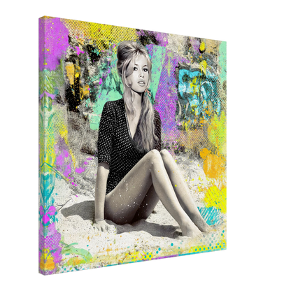 mixed media art painting of Brigitte Bardot sitting on the sand in a polka dot beach cover-up with graffiti splashes, vibrant brush strokes, and nostalgic comic book textures-canvas-print-retro-beach-vibes, Graphique Addictions