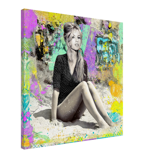 mixed media art painting of Brigitte Bardot sitting on the sand in a polka dot beach cover-up with graffiti splashes, vibrant brush strokes, and nostalgic comic book textures-canvas-print-retro-beach-vibes, Graphique Addictions
