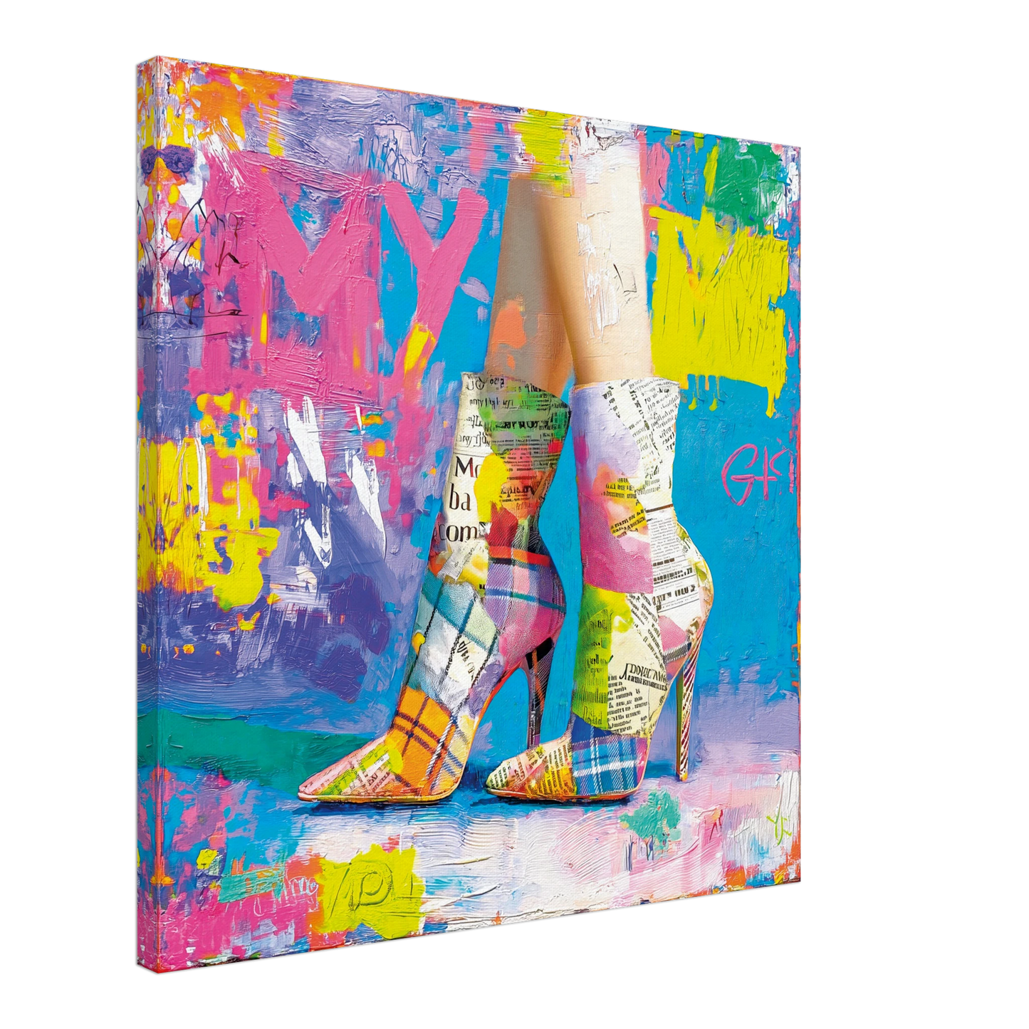 canvas print of plaid high heels painted in vivid neon tones against a newspaper-inspired background. Retro Neon Pop-Graphique Addictions