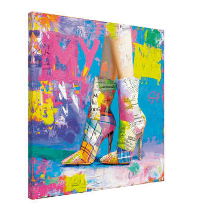 canvas print of plaid high heels painted in vivid neon tones against a newspaper-inspired background. Retro Neon Pop-Graphique Addictions