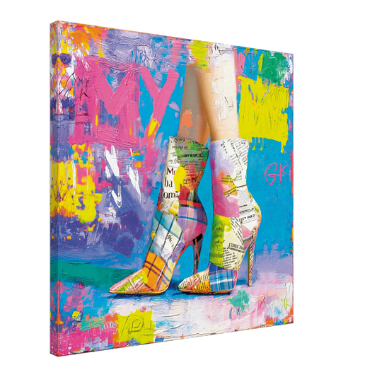 canvas print of plaid high heels painted in vivid neon tones against a newspaper-inspired background. Retro Neon Pop-Graphique Addictions