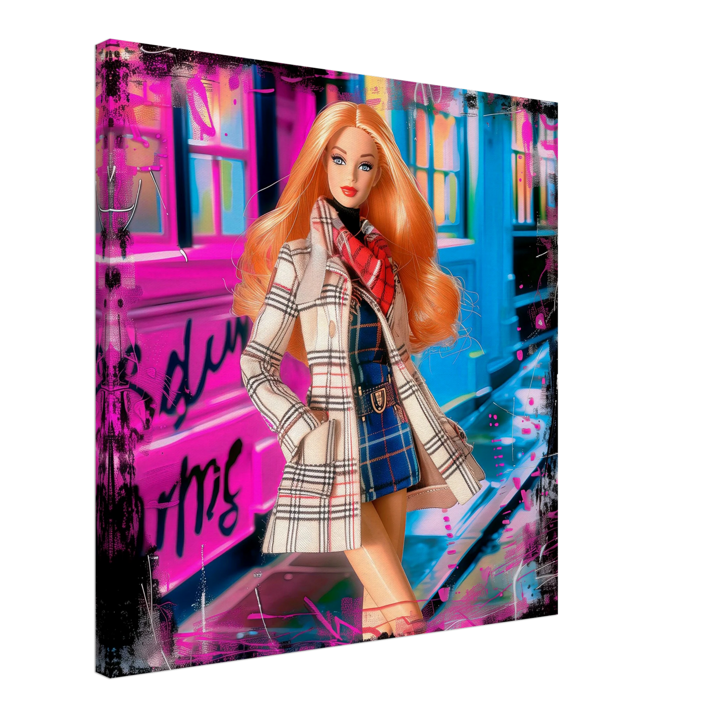 Barbie with long orange hair and wearing a plaid trench coat and dress, against graffiti textures. -24x24-inches-canvas-print-soho-doll, Graphique Addictions