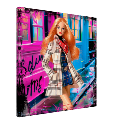 Barbie with long orange hair and wearing a plaid trench coat and dress, against graffiti textures. -24x24-inches-canvas-print-soho-doll, Graphique Addictions