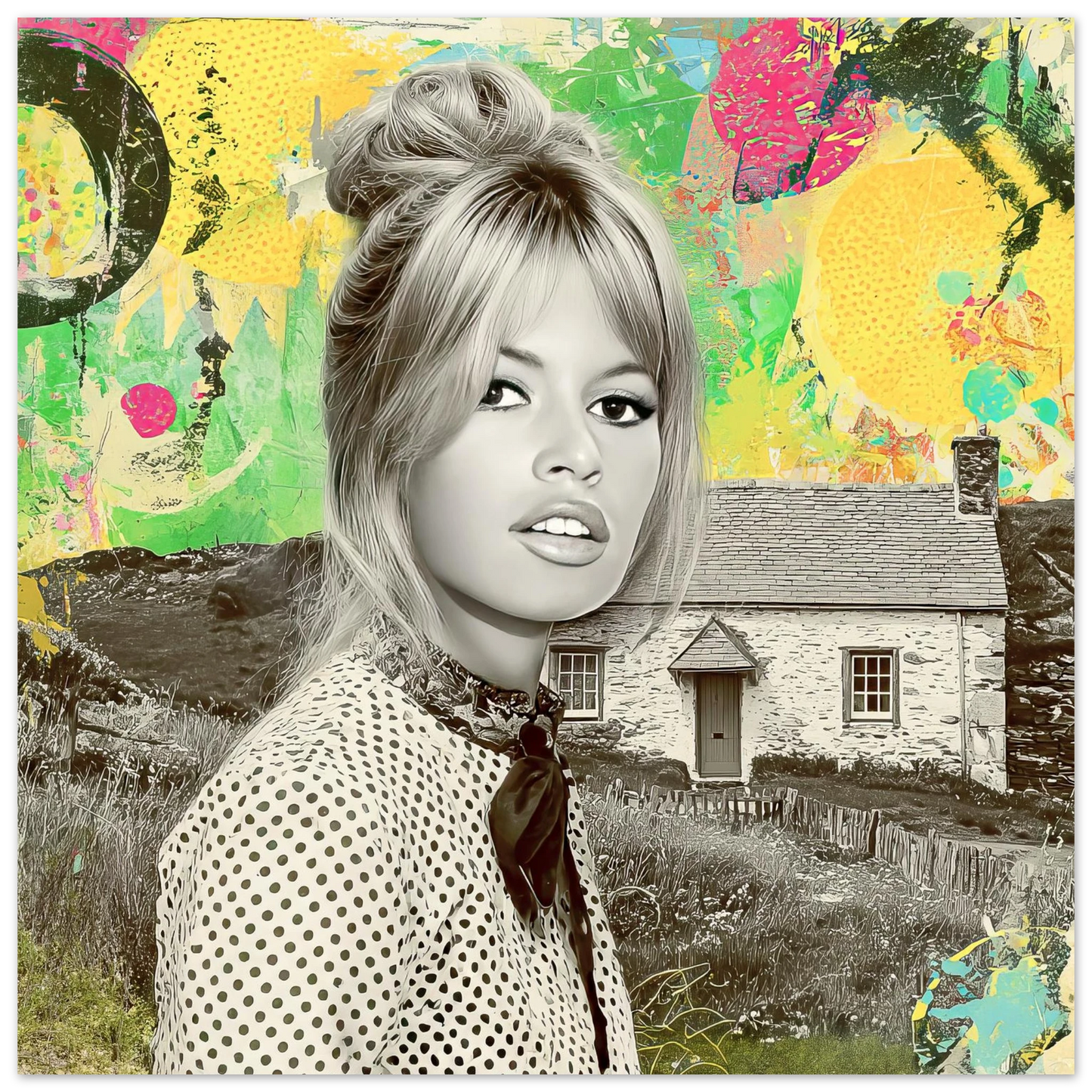 Bardot at the Cottage art mockup featuring Brigitte Bardot in front of an Irish cottage, wearing polka-dot attire, set against a vibrant pop-art collage with bright yellow, green, and red accents. Graphique Addictions.